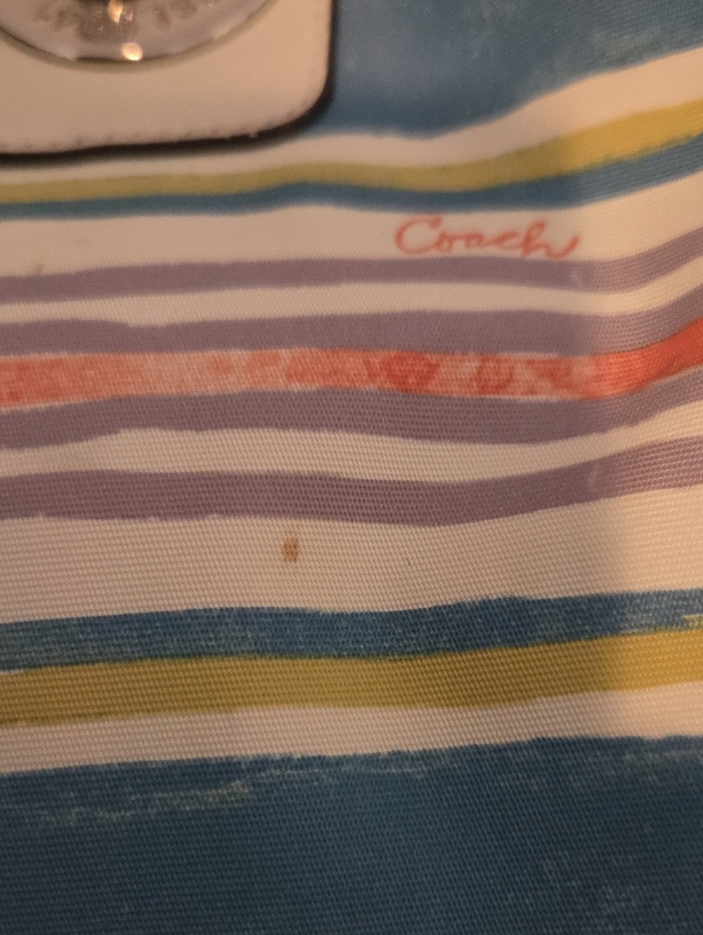 Coach Striped Blue Canvas Tote with Cream Handles - Picture 5 of 10